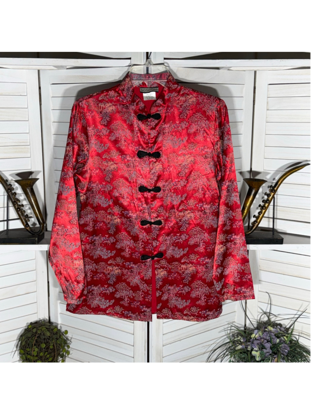 Vintage 90s traditional satin Kimono tunic top red trees cabin scenery costume S